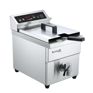 Stainless steel deep fryer with digital display on a white background