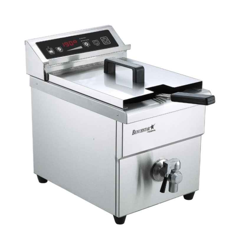 Stainless steel deep fryer with digital display on a white background