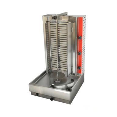 Stainless steel doner kebab machine with red interior on a white background