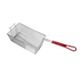 Metal frying basket with a red handle on a white background