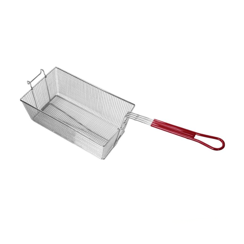 Metal frying basket with a red handle on a white background