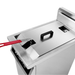 Stainless steel deep fryer with red handle on a white background