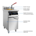 Stainless steel deep fryer with labeled parts on a white background