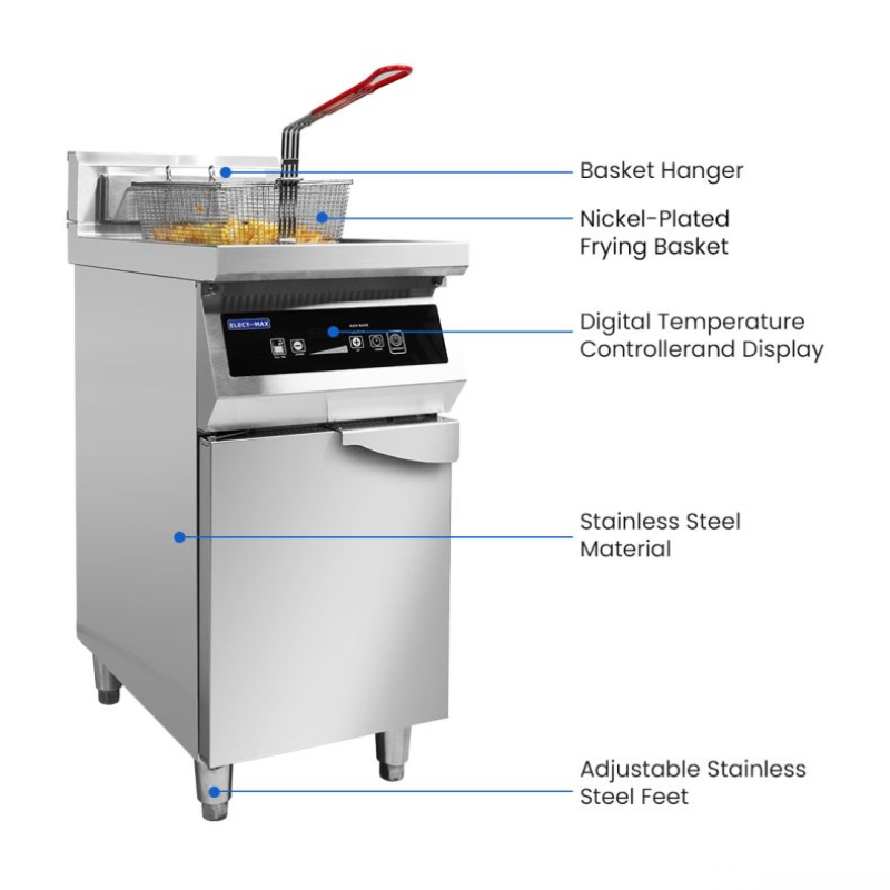 Stainless steel deep fryer with labeled parts on a white background