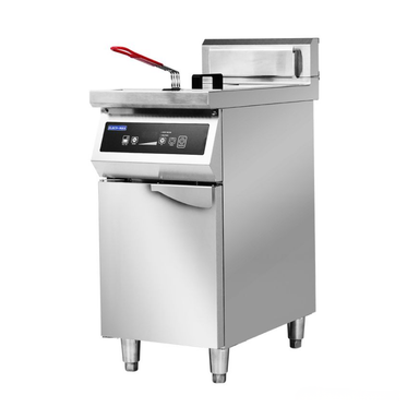 Stainless steel deep fryer on a white background