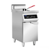 Stainless steel deep fryer with digital control panel on a white background