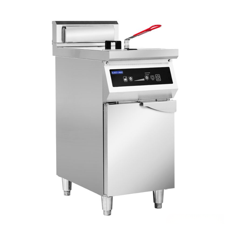 Stainless steel deep fryer with digital control panel on a white background