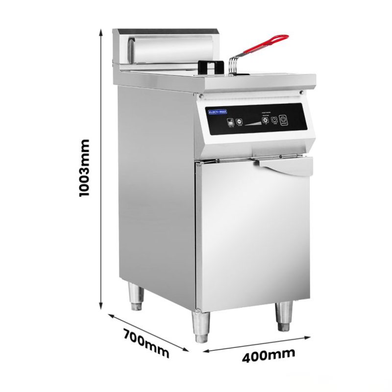 Stainless steel deep fryer with dimensions labeled on a white background