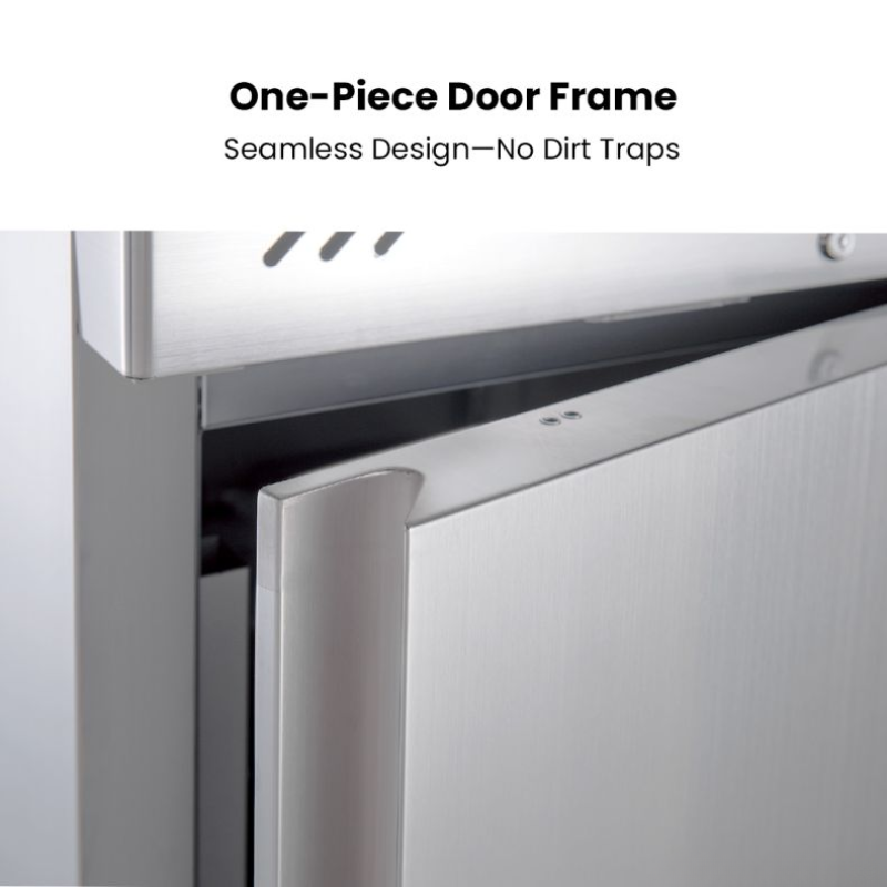 Close-up of a stainless steel door frame with text highlighting its design优点