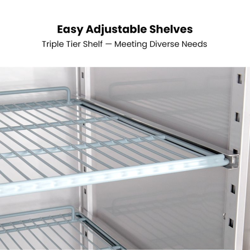 Triple tier shelf with adjustable shelves in a kitchen setting