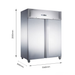 Stainless steel commercial refrigerator with dimensions indicated on a white background