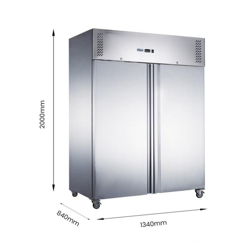 Stainless steel commercial refrigerator with dimensions indicated on a white background