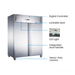 Stainless steel refrigerator with labeled features on a white background