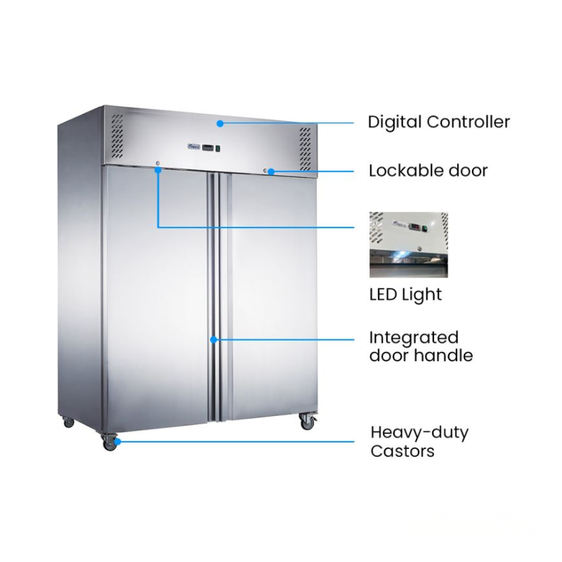 Stainless steel refrigerator with labeled features on a white background