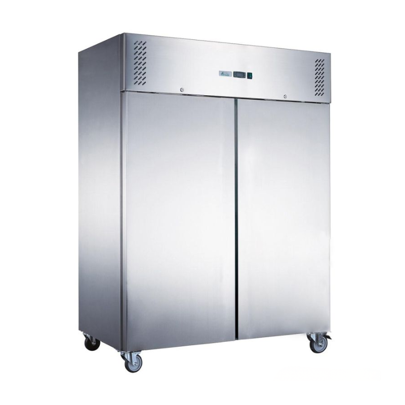 Stainless steel commercial refrigerator on a white background