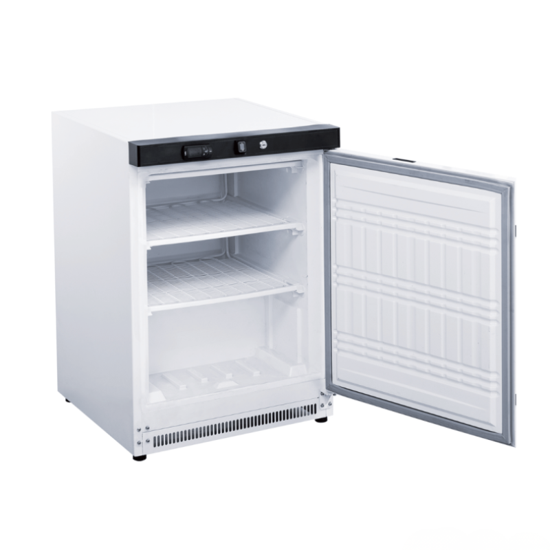 Undercounter freezer with open door on a white background