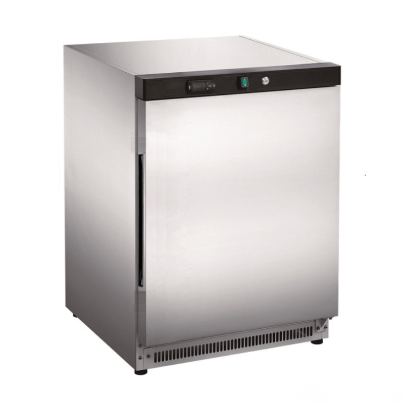 Stainless steel undercounter freezer on a white background