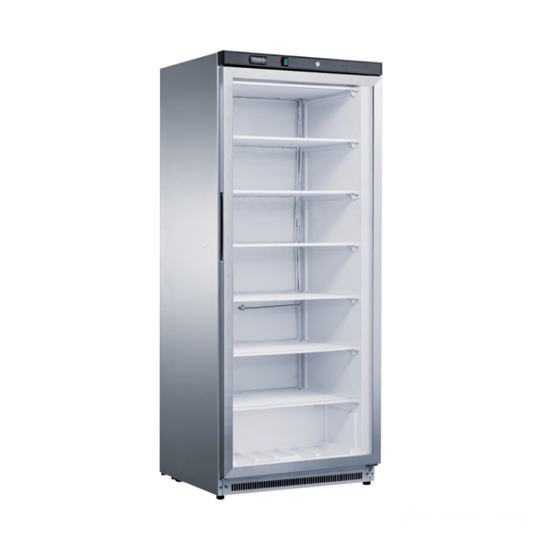 Commercial refrigerator with glass door on a white background