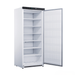 Upright freezer with open door on a white background