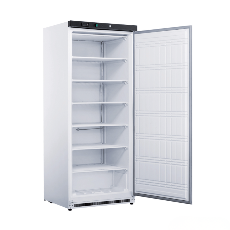 Upright freezer with open door on a white background