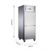 Stainless steel refrigerator with dimensions indicated on a white background