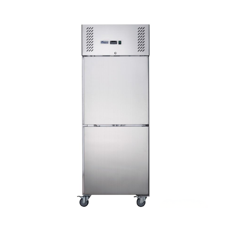 Stainless steel commercial refrigerator on a white background