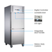 Stainless steel refrigerator with labeled features on a white background