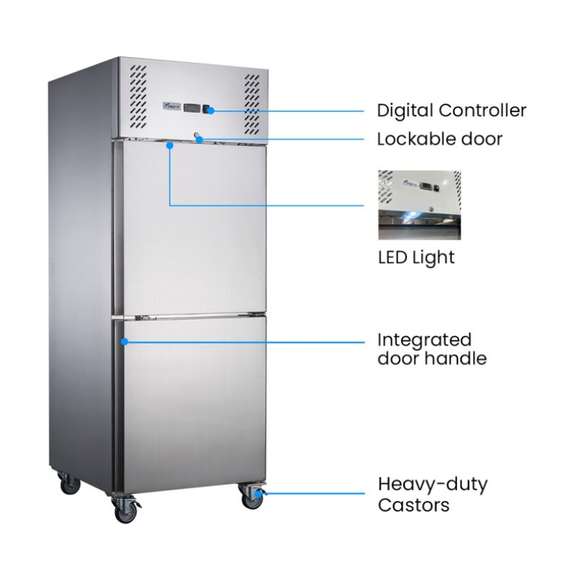 Stainless steel refrigerator with labeled features on a white background