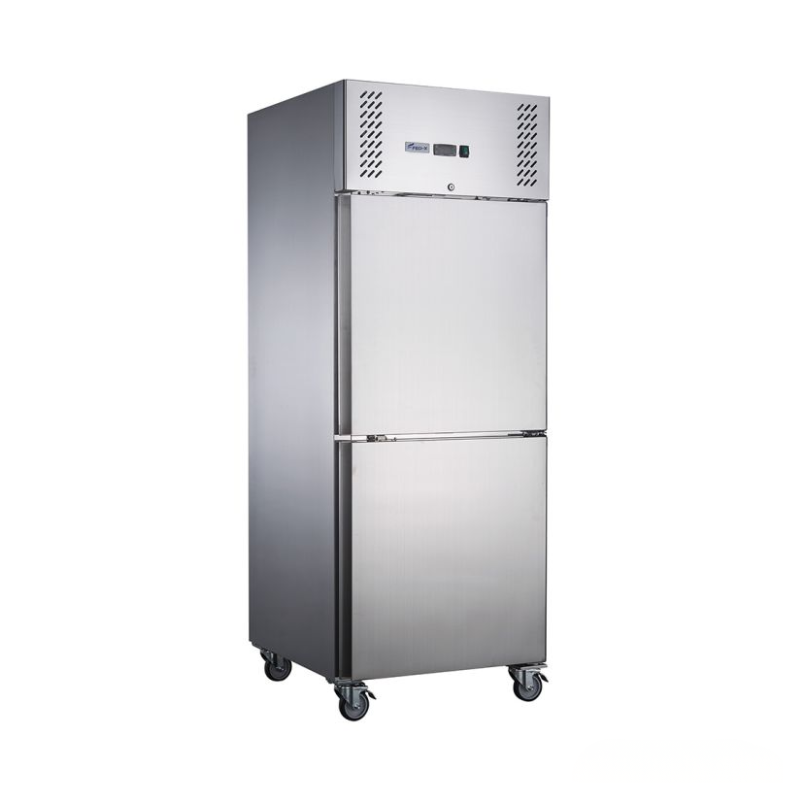 Stainless steel commercial refrigerator on a white background