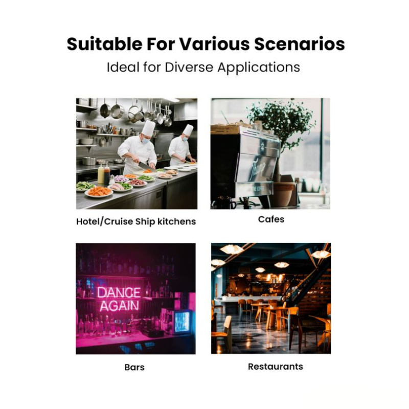 Promotional graphic for kitchen equipment suitable for various applications including hotel/cruise ship kitchens, cafes, bars, and restaurants.
