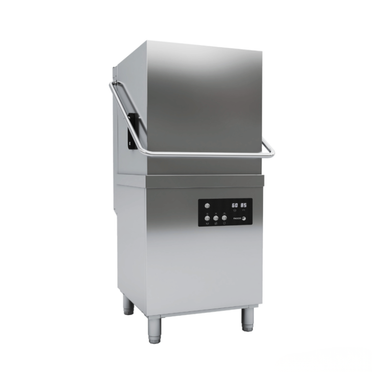 Stainless steel commercial dishwasher on a white background