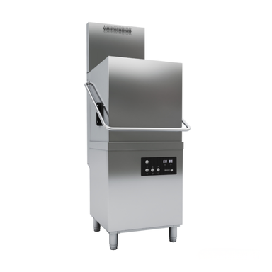 Stainless steel commercial dishwasher on a white background