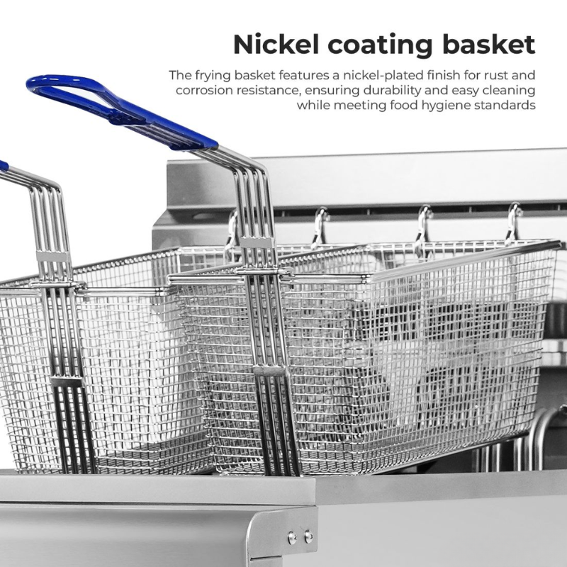 Metal frying basket with nickel coating and blue handle on a white background