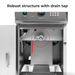 Stainless steel machine with drain tap highlighted, labeled 'Robust structure with drain tap'.