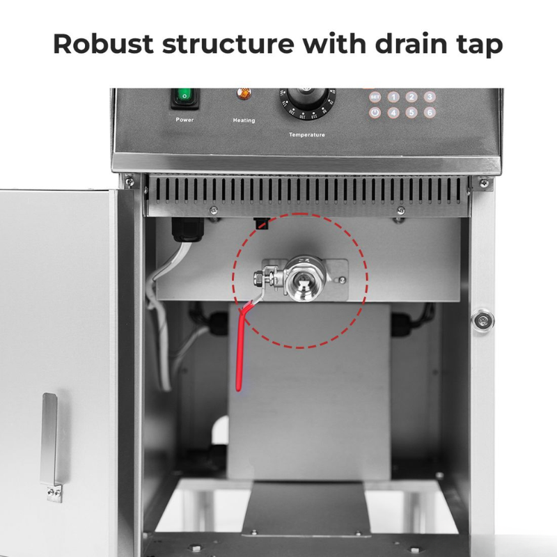 Stainless steel machine with drain tap highlighted, labeled 'Robust structure with drain tap'.