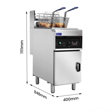Stainless steel deep fryer with dimensions indicated on a white background