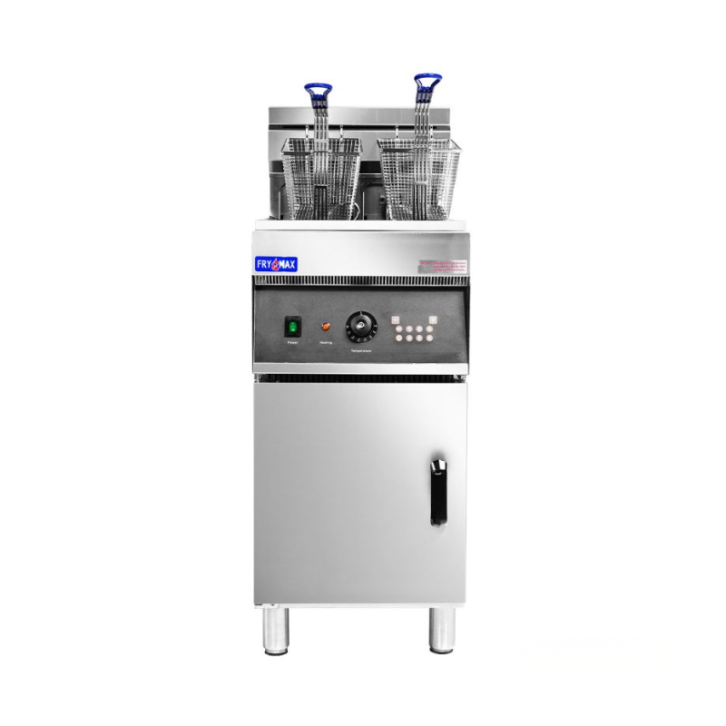 Commercial deep fryer with two baskets on a white background
