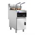 Commercial deep fryer with basket of food on a white background