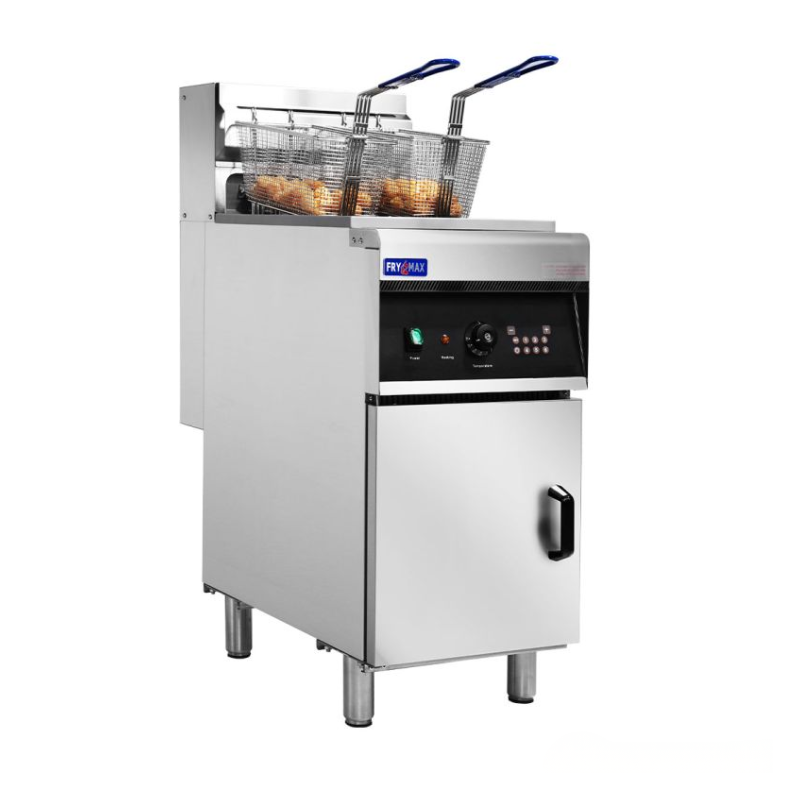 Commercial deep fryer with basket of food on a white background