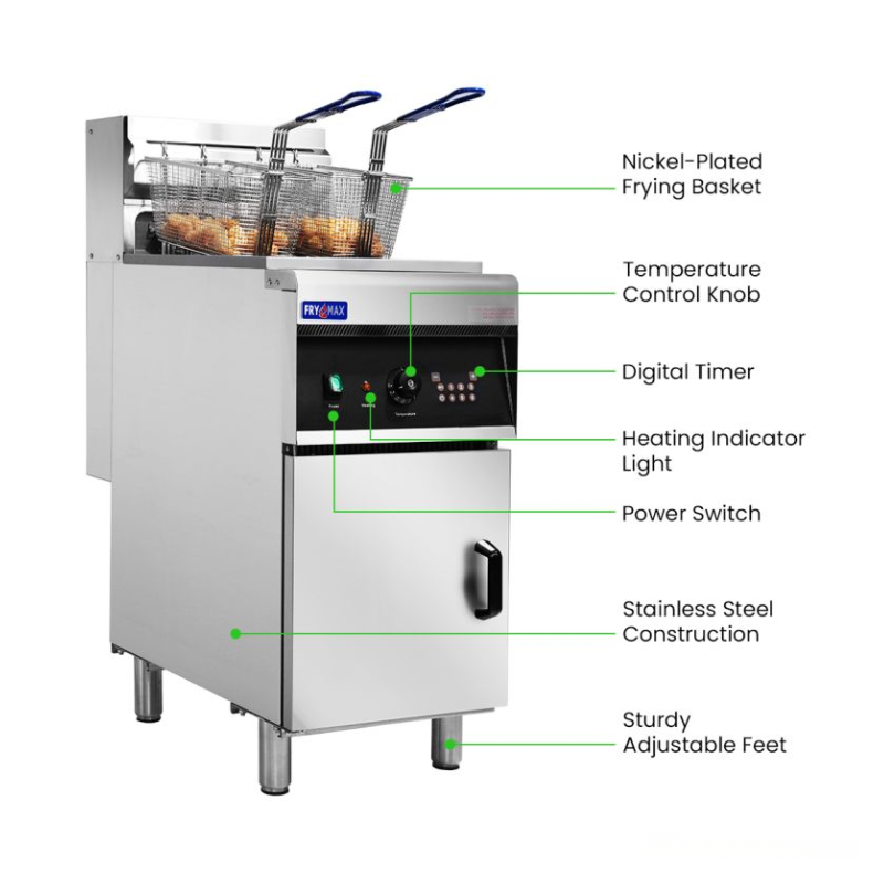 Commercial fryer with labeled parts on a white background