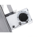 Close-up of a mechanical component with a black knob and metallic housing on a white background