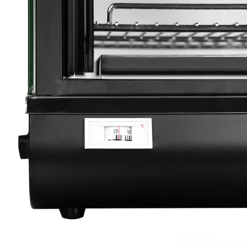 Black hot dog grill with glass door and control panel on a white background