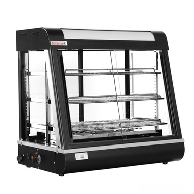 Black display case with glass front on a white background