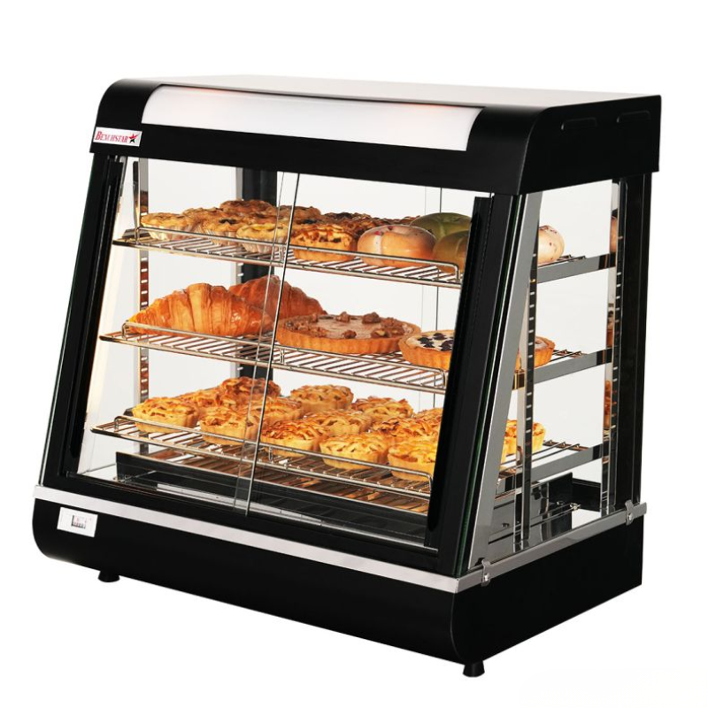 Bakery display case with various pastries on a white background