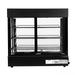 Black display case with glass doors on a white background