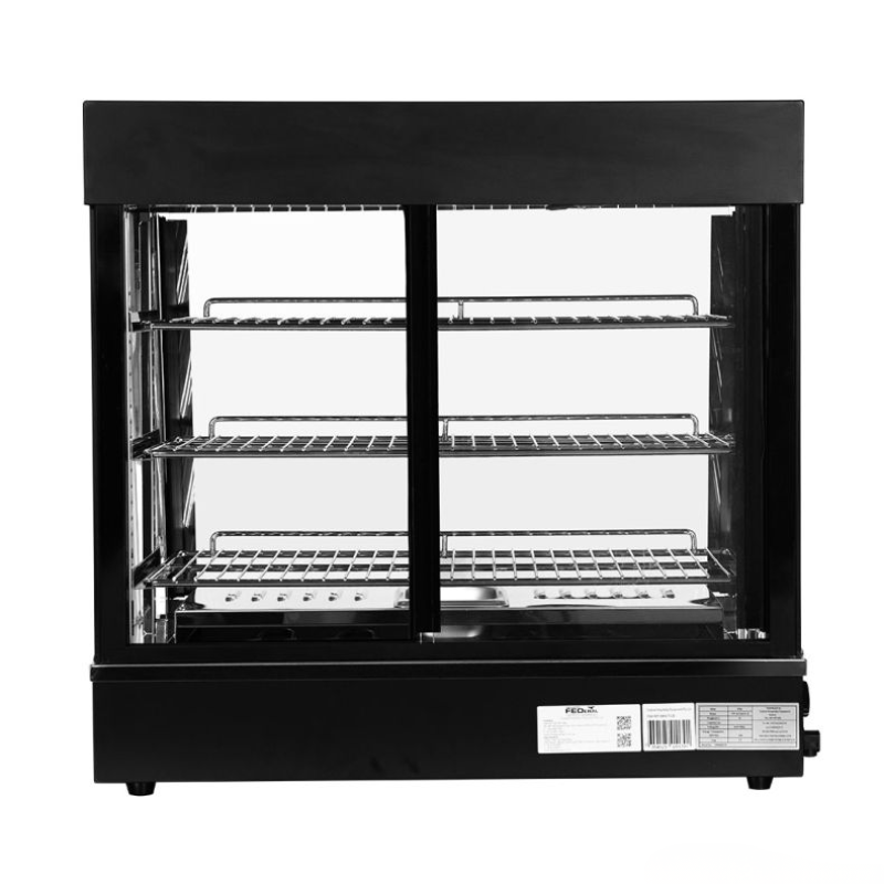 Black display case with glass doors on a white background