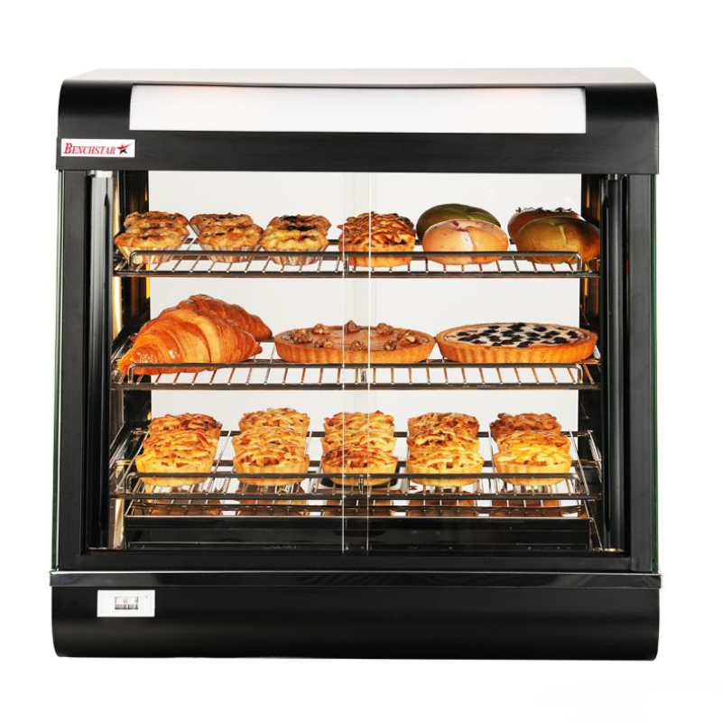 Bakery display case with various pastries on a white background