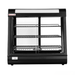 Black display case with glass front on a white background