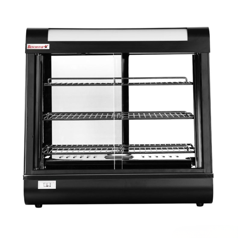Black display case with glass front on a white background