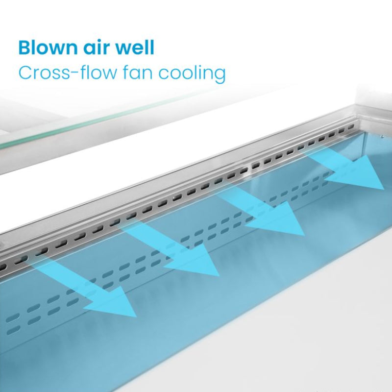 Thermaster SCB/21 pan well with arrows showing chilled air blown across the food pans from a cross-flow fan air wall